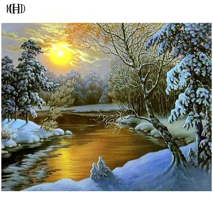 MHD 5D DIY Diamond Painting Cross Stitch Snow scene Round Rhinestone diamond Embroidery Mosaic pattern Home Decor | Дом и сад