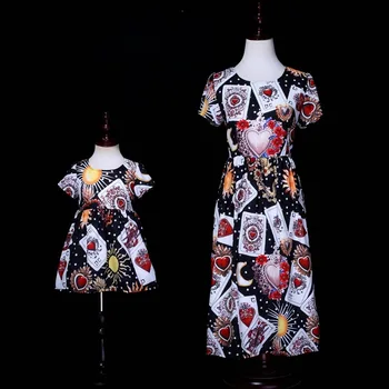 

Mothre Duaghter Dresses Little Ghost Poker Cards Print Mother Baby Girl Daughter Bride Dress Sister Twins Matching Clothes