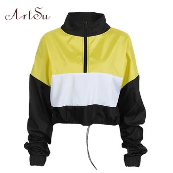 

ArtSu Patchwork Yellow Cropped Sweatshirt Women Long Sleeve Hoody Stand Collar Zipper Womens Hoodies Pullover Black ASHO20291
