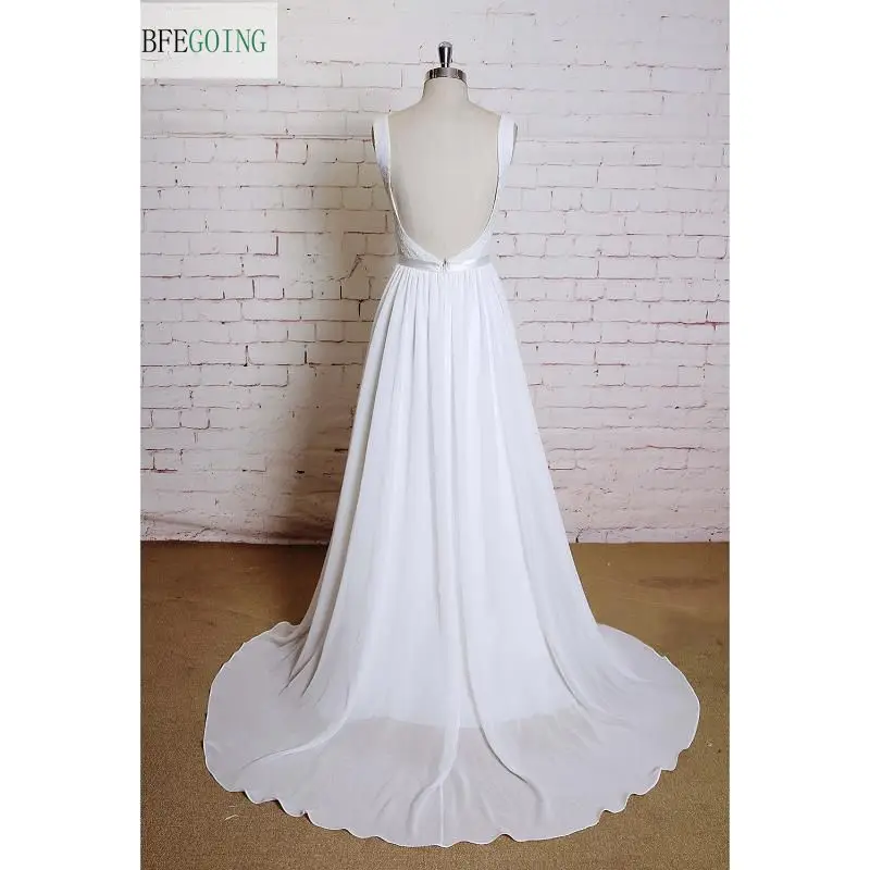 Белые кружевные шифоновые Свадебные платья трапециевидной формы с v-образным вырезом без рукавов с открытой спиной реальные/оригинальные фотографии на заказ
