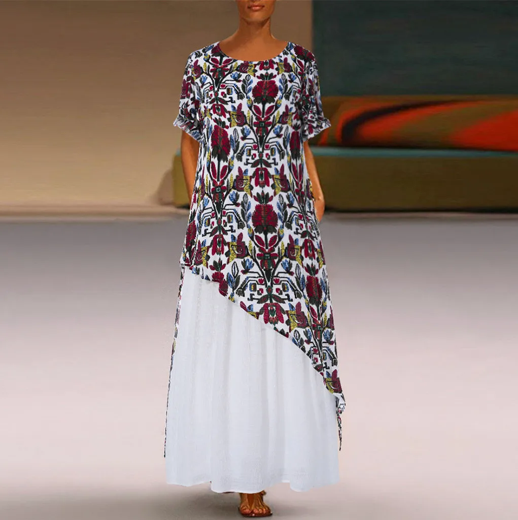 

Summer Maxi Dress Women Plus Size Boho Long Robe Femme Loose Ethnic Print Fake Two Piece Short Sleeve Maxi Long Dress Vestidos