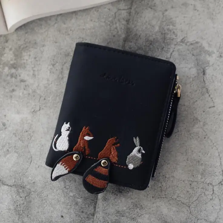 Beibaobao женский короткий кошелек с вышивкой милая сумочка с изображением лисы на замке женские кошельки монета держатель для карт кошелек Дамский кошелек на молнии A7749 - Цвет: black wallet