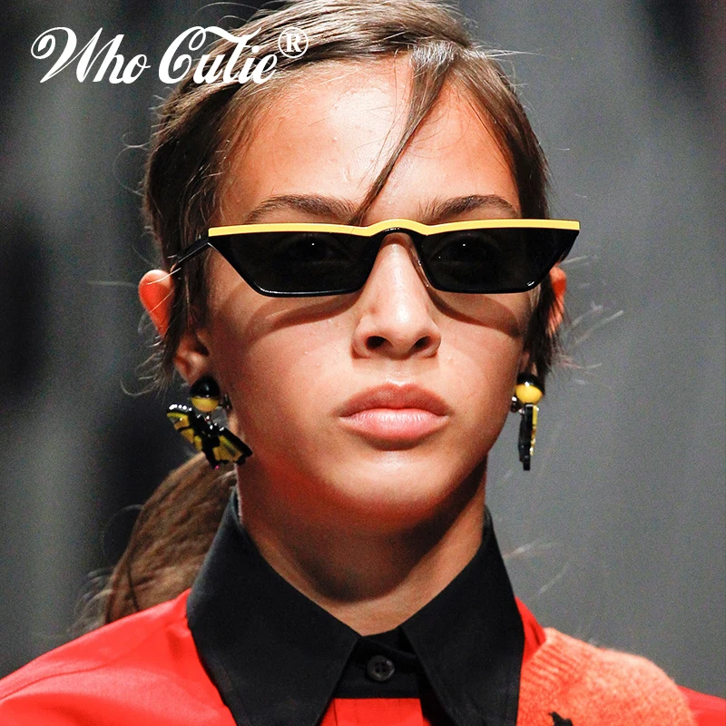 

WHO CUTIE 2018 Small Rectangular Sunglasses Women Vintage Skinny Narrow Leopard Frame 90S Chic Cat Eye Sun Glasses Shades OM514