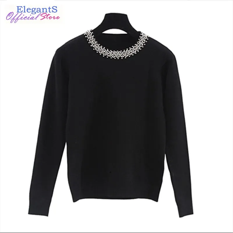 

2019 Spring Women Casual Sweater Pullover Beading Pattern Cashmere Warm Knitted Jumper Long Sleeve Black Coat Female Clothing