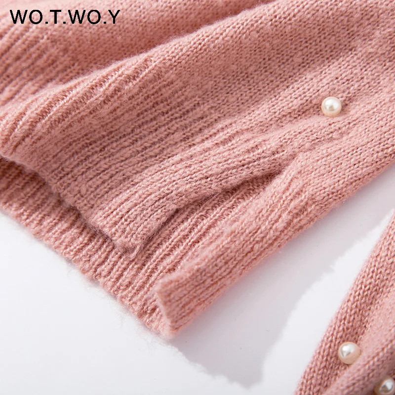 WOTWOY Pearl Beading Cashmere Sweater Women Pullover Knitted Long Sleeve Autumn Winter Sweaters Women Knit Top Femme Jumper 2018 Sweaters