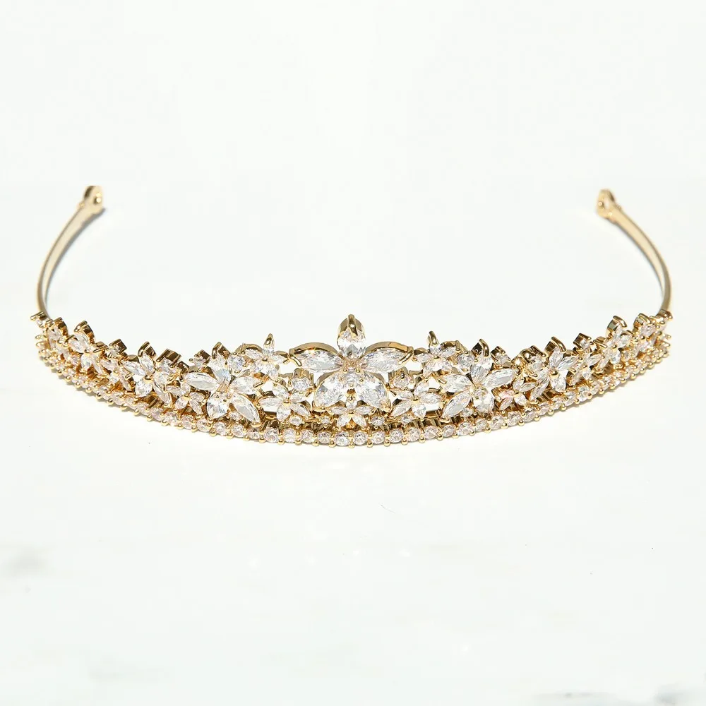 

Parmalambe High Quality Gold Zircon Hair Tiaras Flower Charms Bridal Headpieces Crown Wedding Hair Accessories coroa de noiva