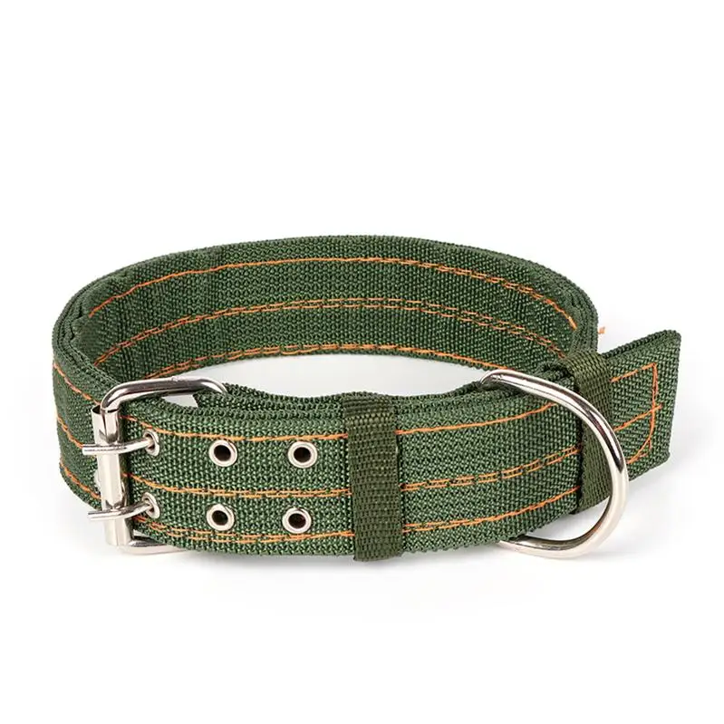 Army Green Canvas Dog Collar Double Row Buckle Strong Adjustable Pet Collar For Medium Large Dogs 