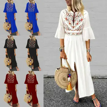 

2019 NEW FASHION Women Cotton Linen Maxi Dress Open Neckline Ruffle Short Sleeve Casual Boho Kaftan Tunic Plus Size Long Dress