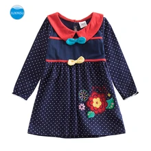 JUXINSU девушка из материала на основе хлопка с цветочной вышивкой, с бантом, с длинным рукавом платье Wave Point девочек осень-зима Повседневное платья для девочек размер на 3–8 лет