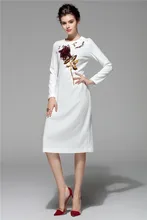 arlene sain Designer Brand Runway Long Dress Women's Long Sleeve Rose Appliques Beading Mid Calf White Casual Dress