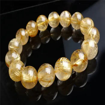 

Genuine Brazil Yellow Gold Natural Titanium Rutilated Quartz Crystal Round Beads Fashion Jewelry Men Stretch Bracelets 14mm