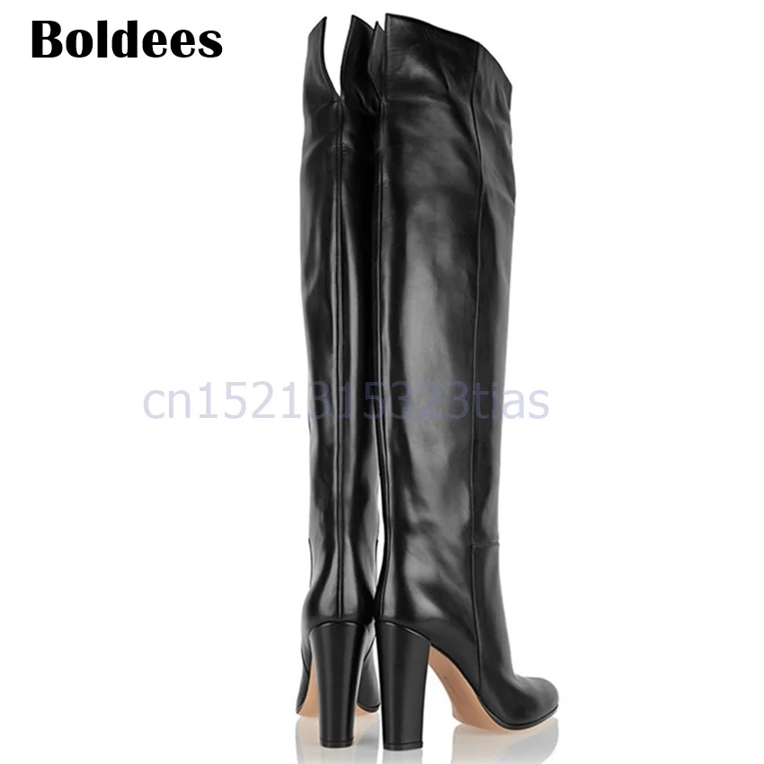 Осенне-зимние женские черные сапоги до колена из мягкой кожи на не сужающемся книзу массивном высоком каблуке; botas Mujer; Модные слипоны