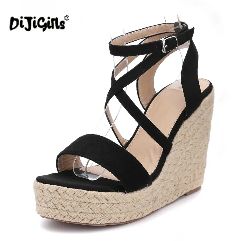 

Dropship Ladies Sandals Fashion Cross Strappy Wedge Platform High Heels Flax Straw Rope Weaving Boho Shoes Summer Women Heel