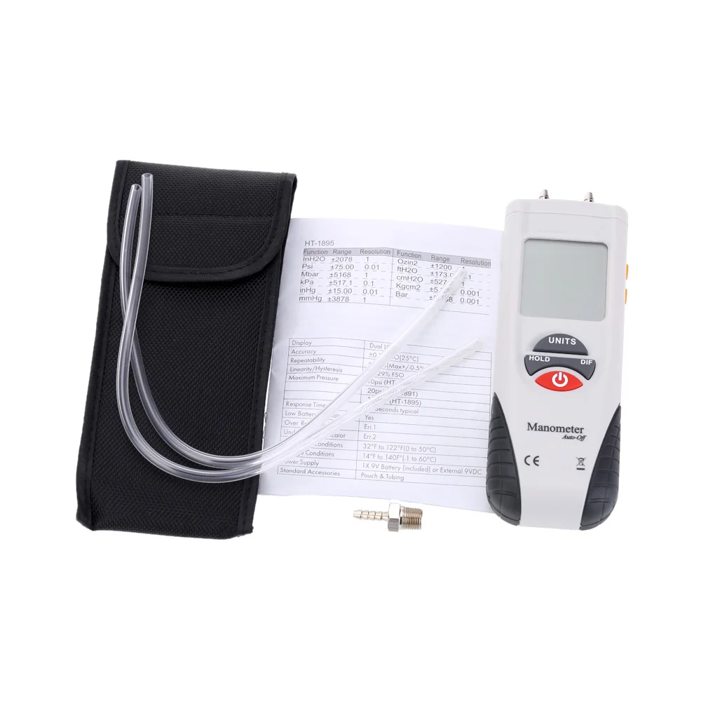 LCD HT-1890 Digital Manometer Air Pressure Meter Pressure Gauges Differential Gauge Kit + Case+Retail Box Data Hold 11 Units LCD HT-1890 Digital Manometer Air Pressure Meter Pressure Gauges Differential Gauge Kit + Case+Retail Box Data Hold 11 Units