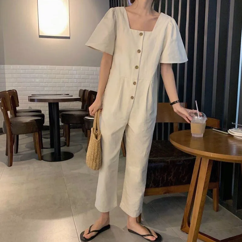 

Women Cotton Linen Jumpsuit Solid Color Summer Overalls Button Loose Long Trousers Casual Buttons Wide Leg Jumpsuits