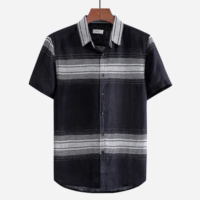 Мужская Летняя Модная брендовая рубашка в японском стиле, винтажная простая льняная рубашка в полоску с коротким рукавом, мужская повседневная свободная тонкая белая черная рубашка - Цвет: black