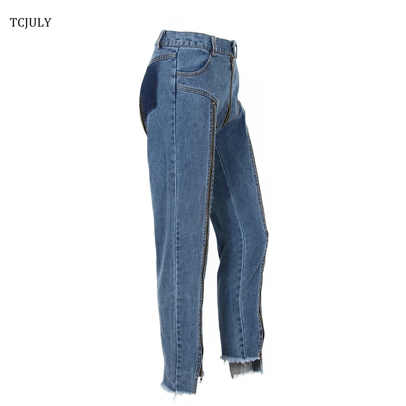 TCJULY Fashion Jeans With Zipper Back Bottom Irregular Design Slim Streetwear Blue Jeans Cotton Stretch Jeans Cowboy Pants Woman