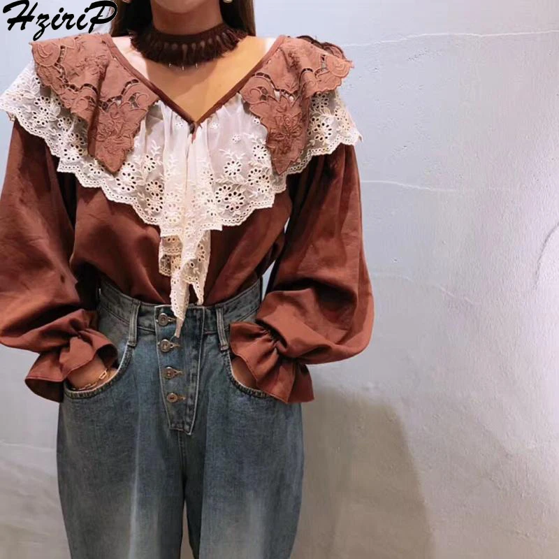 

HziriP 2019 Fashion Korean New Elegant Winter Spring High Quality Casual Lace Loose Vintage Wild V-Neck Patchwork Shirt Tops