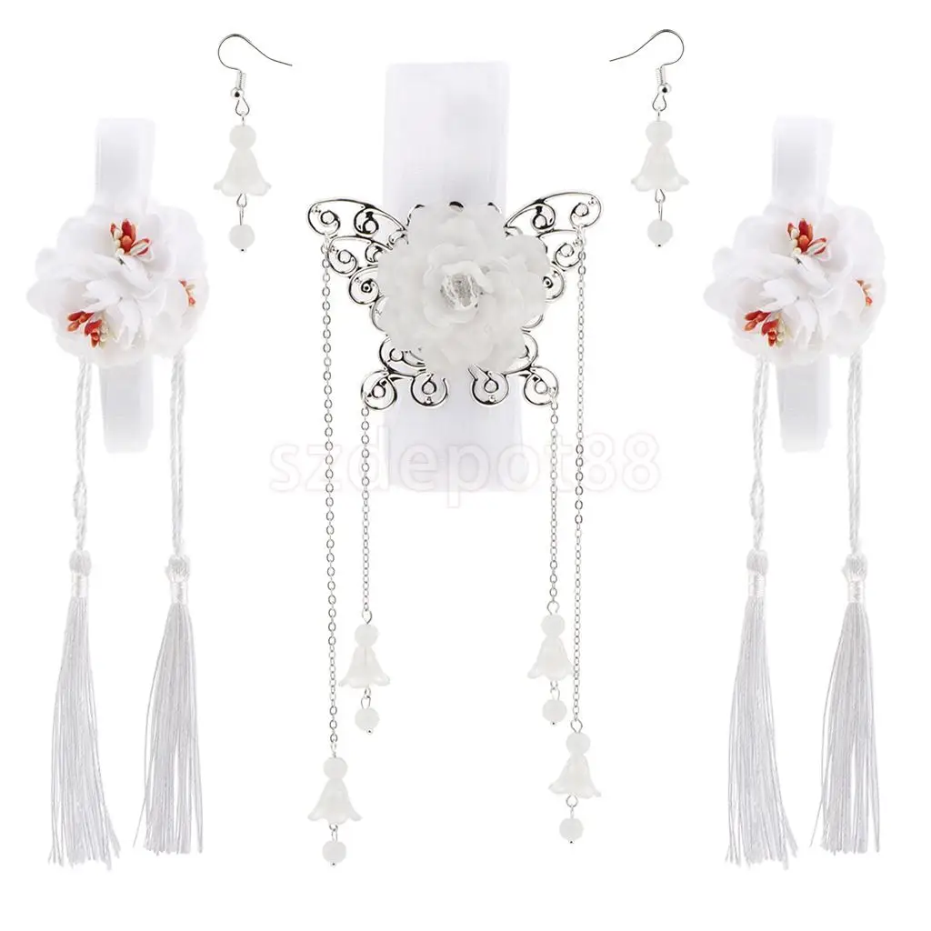 Ribbon Flower Chain Tassel Ancient Chinese Headdress Clip & Beads Dangle Earring Set Bridal Wedding Cosplay Party Hair Jewelry