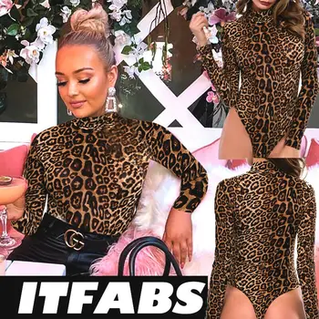 

Fashion Sexy Ladies Animal Print Bodysuit Womens Leopard Long Sleeve Stretch Leotard Top Fitness Bodysuits Rompers Jumpsuits