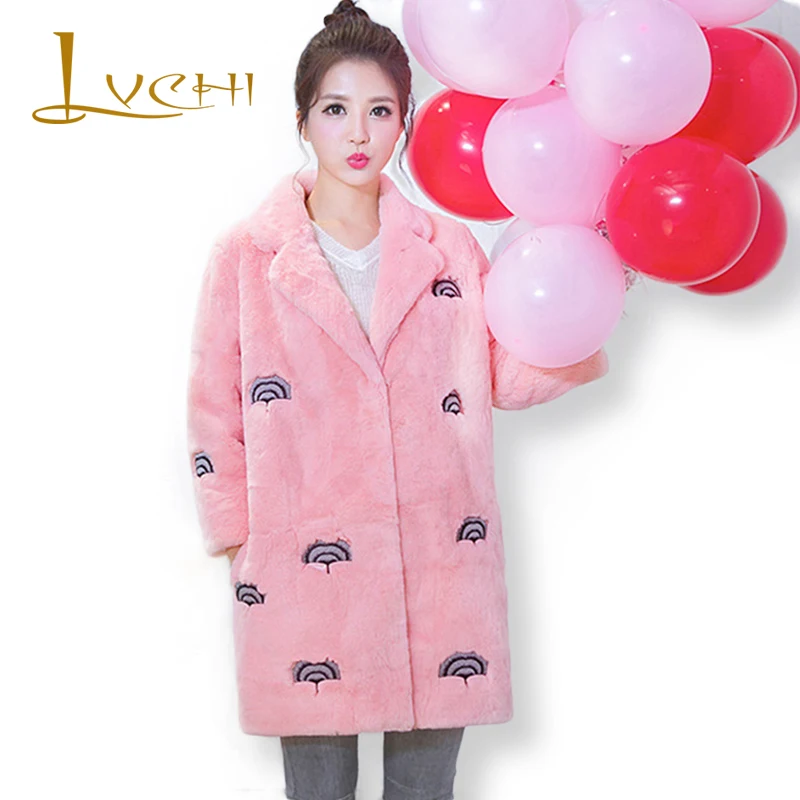 

LVCHI Elegant Fashion Winter Warm Rabbit Pink Overcoat Turn-down Ginkgo Pattern Real Fur Coats 2019 Bodycon Casual Rabbit Fur