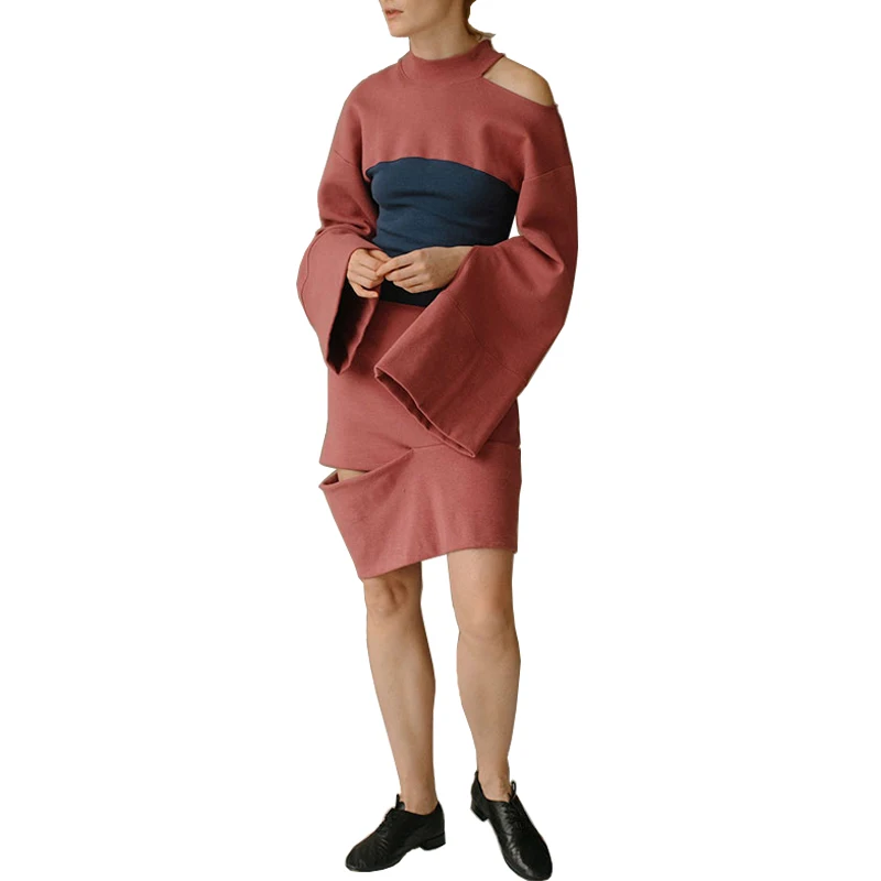 

AEL Hoodie Style Woman Dress Cotton Watermelon Red Split Joint Panelled Wide Sleeves Sweatshirt Fashion Street Sportswear 2019