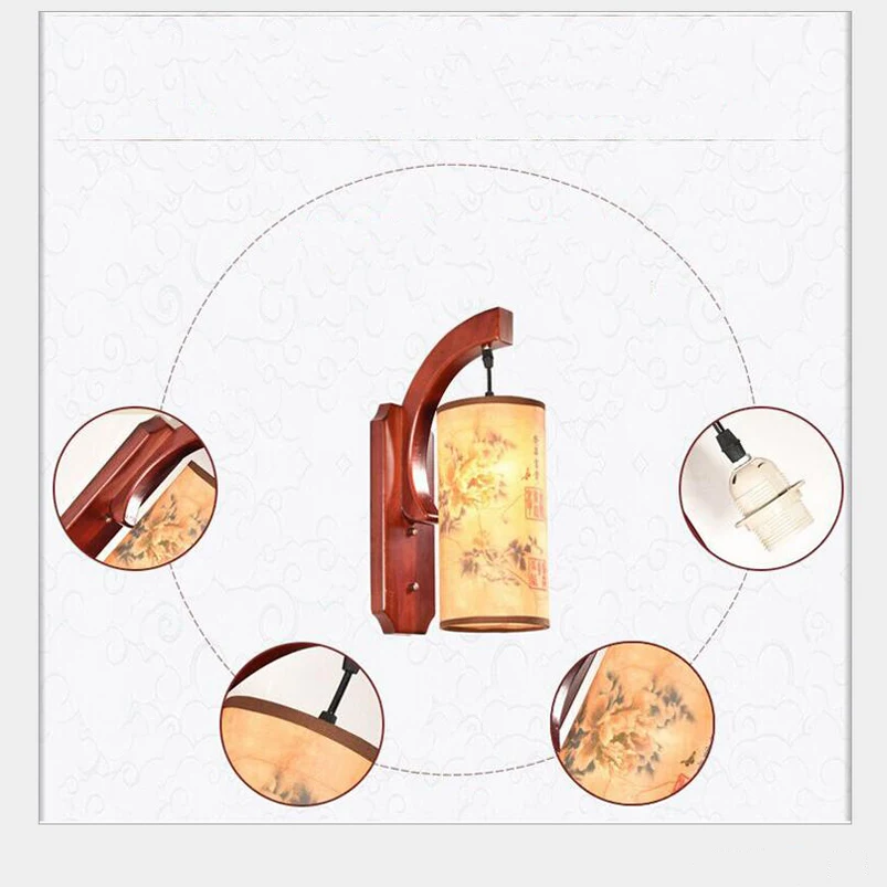 Retro Chinese wall lamp wall sconce antique Wood Parchme stair aisle corridor bedroom living room cafe lamp,E27 wall light bra
