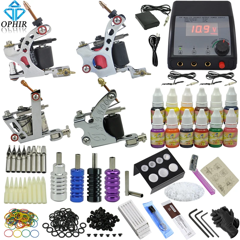 

OPHIR Professional 354pcs/set 4 Dragonfly Rotary Tattoo Machine Guns & 12 Color Tattoo Ink & Needle Set Tattoo Nozzle #TA090