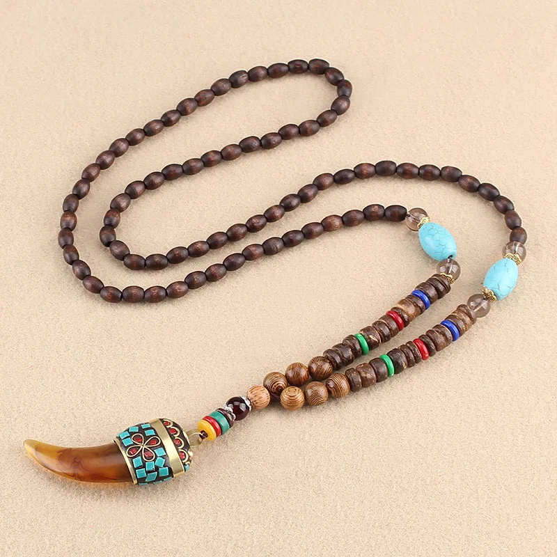 Tibetan Buddhist Mala Wood Beads Necklace Vintage Nepal Charm Ox Horn Pendant Necklace Women Meditation Rosary Necklace Dropship