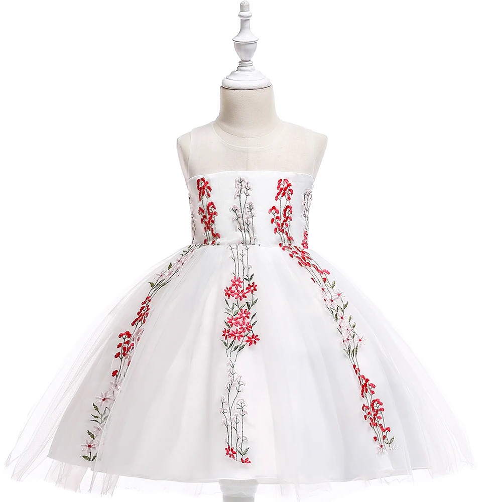

2019 Girls Dress Mesh Pearls Children Wedding Party Dresses Kids Evening Ball Gowns Formal Baby Flower Clothes for Girl 2-14Yrs