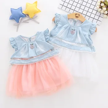 

2019 Baby Infant Girl Summer Dress Soft Denim Flying Sleeved Mesh Princess Dresses Girls Kids Sweet Clothes Wholesale 4pcs lot