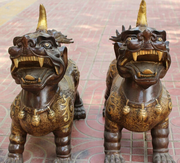 

JP S061 18" Chinese Fengshui Bronze Fly Pi Xiu Uniocorn Kylin Beast Animal Statue Pair