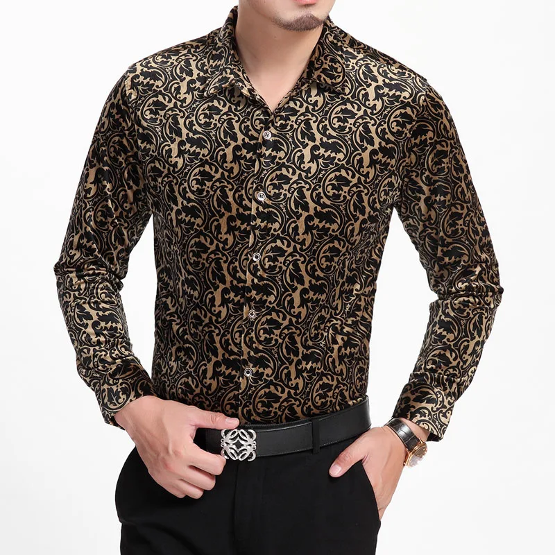 

HOT 2019 autumn and winter new men clothing Flower long-sleeve shirt leopard print gold velvet shirt singer costumes nightclub