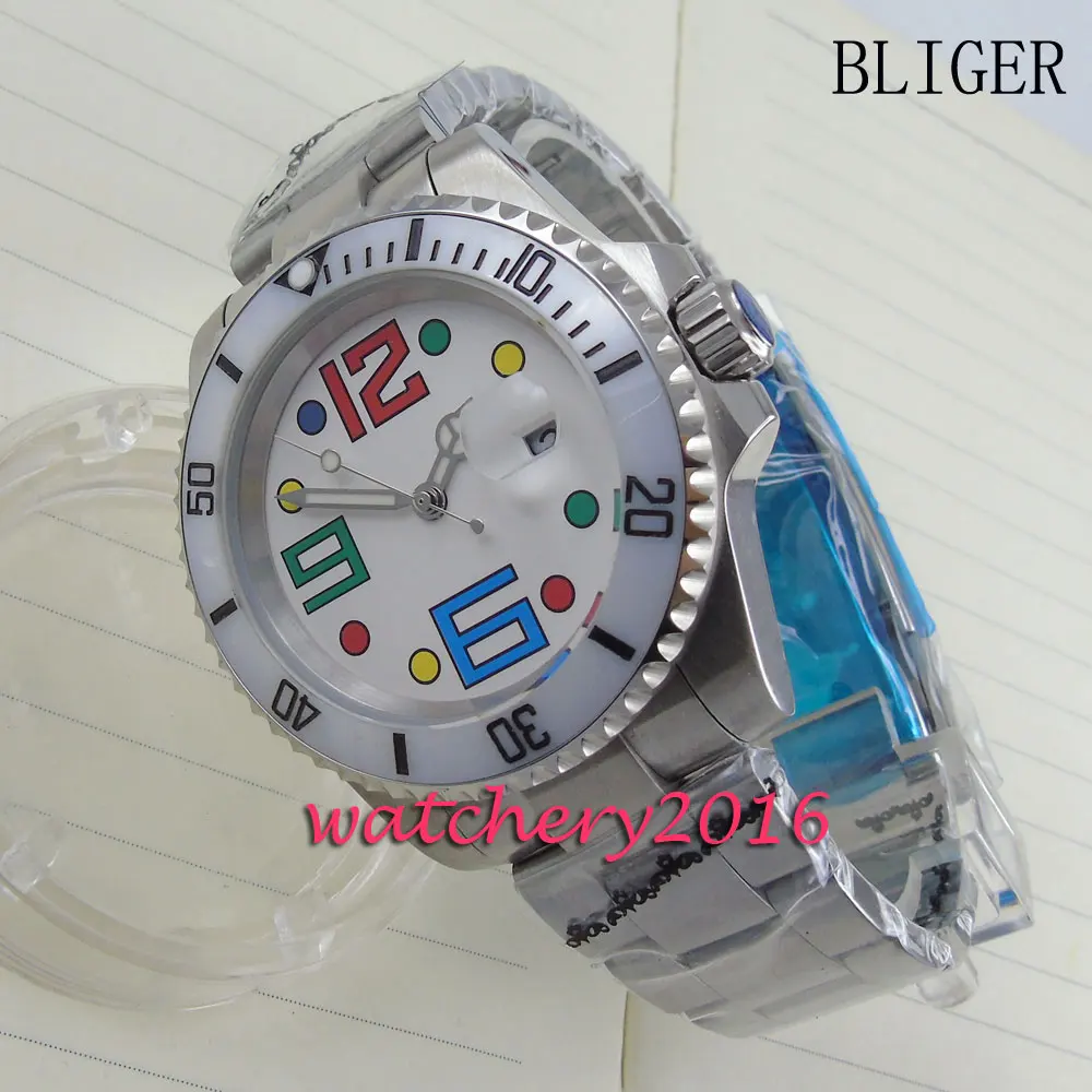 40mm Bliger white dial luminous markers ceramic bezel colourful number sapphire glass Automatic movement Men