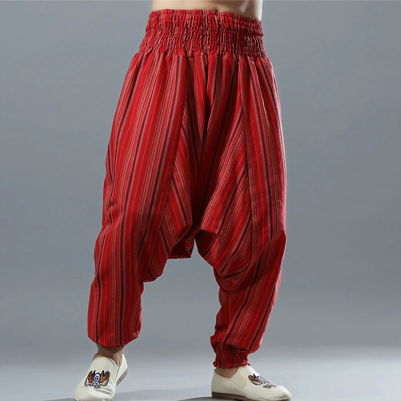 Красные полосатые хлопковые льняные мужские шаровары с эластичной талией, широкие брюки Аладдин, мужские брюки с большой заниженной промежностью, хиппи, повседневные свободные штаны