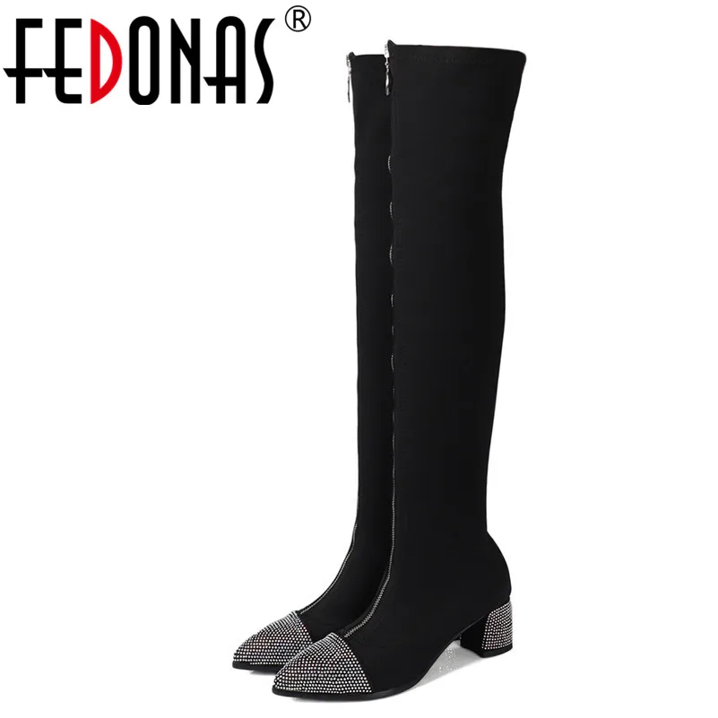 

FEDONAS New Rhinestone Weddding Party Shoes Woman High Heels Slim Long Stretch Boots Women Tight High Knight Motorcycle Boots