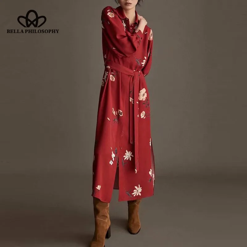 Wonder Long Sleeve Maxi Dress Vintage Print Floral Female Sashes A-Line Dress Casual Turn-Down Collar Lady Long Dress 2019