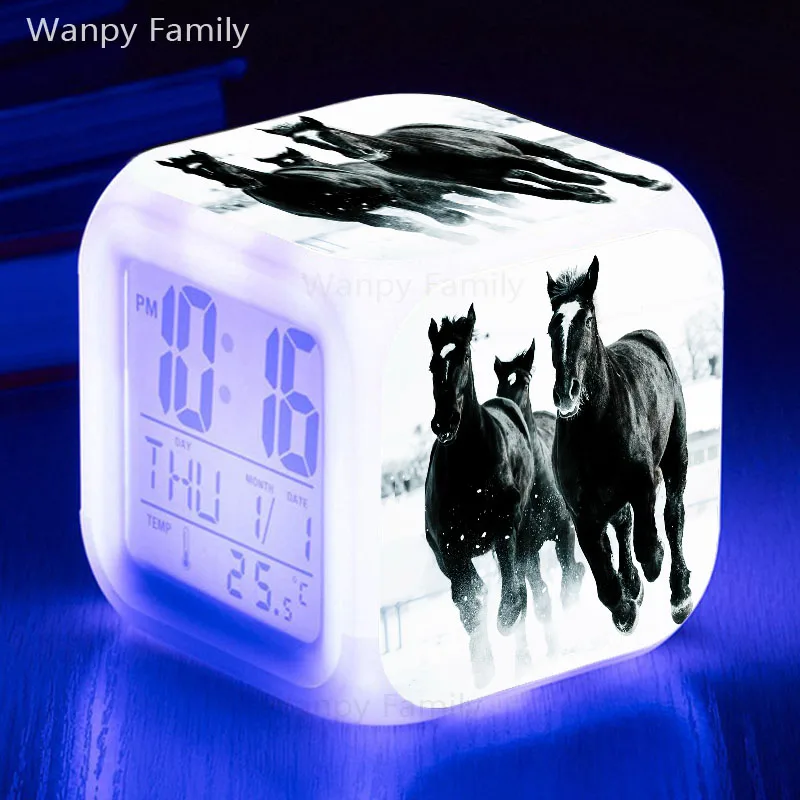 Будильник для бега с рисунком лошади, 7 цветов, светодиодный, светящийся цифровой будильник для детской комнаты, сенсорные электронные часы