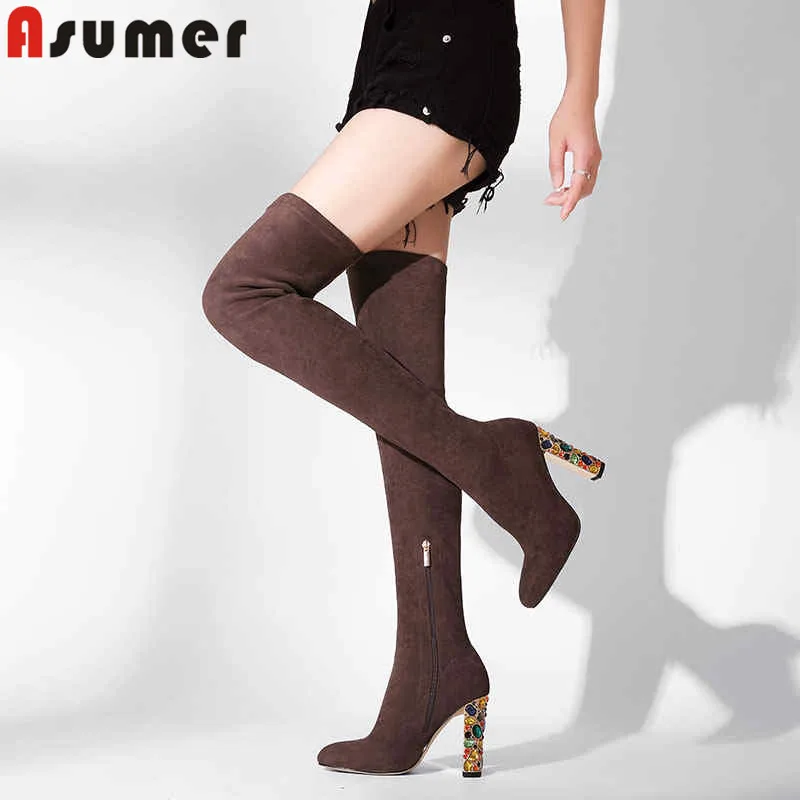 ASUMER/модные осенне зимние сапоги Сапоги выше колена с круглым носком Элегантные