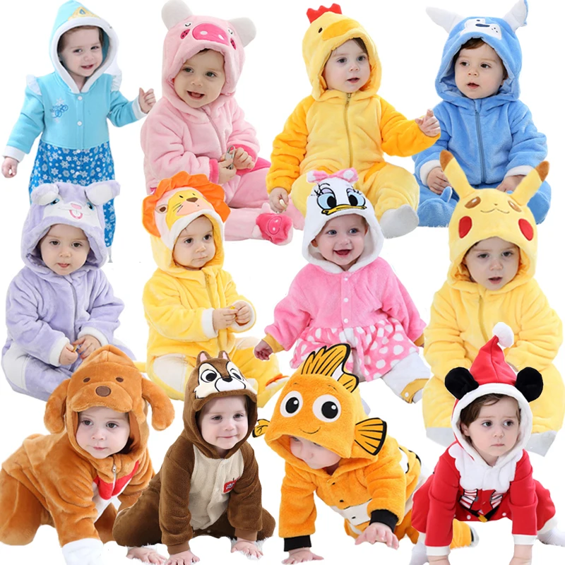 Baratos Mamelucos de dibujos animados de invierno cálido polar de Coral lindo León regalos navideños para bebé niño niña pijamas de pescado oupas de bebe recem nascido