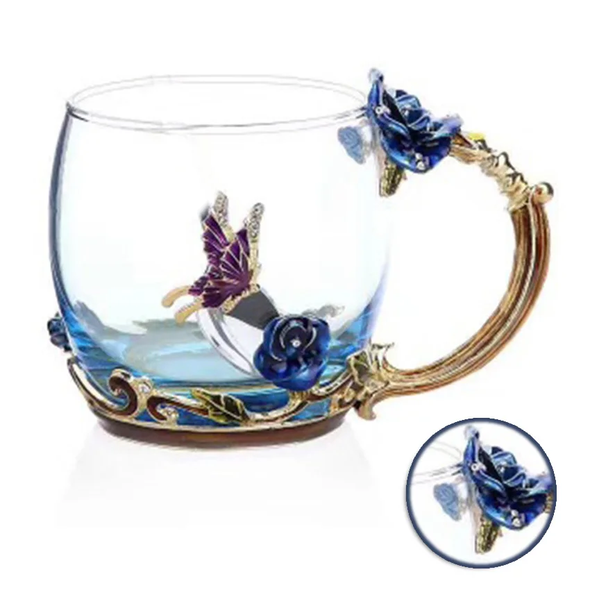 GFHGSD Blue Rose Enamel Crystal Cup Flower Tea Glass High grade