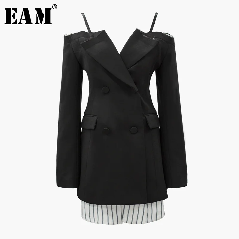 Stripe Ld0224 eam 2019 Cou Unique Manteau Printemps Soild Femme cou Tempérament Slash Black Spliced Slim V Poitrine Noir Costume 7TwW7qxrSd