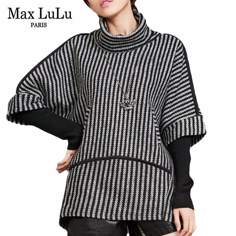 

Max LuLu Luxury Korean Brand Office Ladies Knitted Knitwear Womens Turtleneck Sweater Winter Long Pullovers Woman Striped Jumper