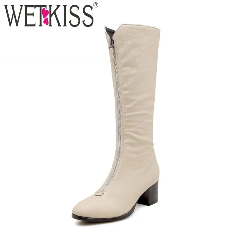 

WETKISS Plus Size 34-50 Mid Calf Pu Women Boots Square Toe Footwear High Heels Female Boot Zip Shoes Woman 2018 Winter Black