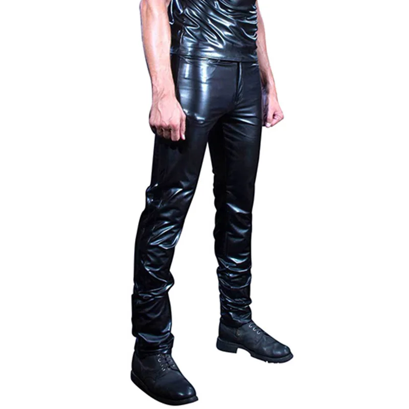 Для мужчин Тощий искусственной Штаны из искусственной кожи блестящие черные брюки ночной клуб Сценическое певцов Экзотический Пант Для