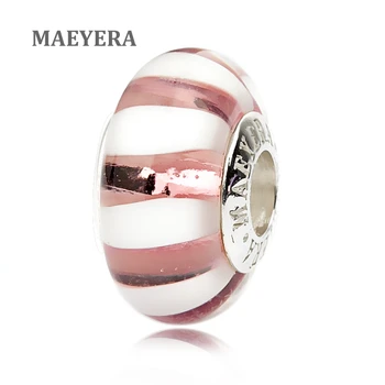 

MAEYERA Authentic 925 Sterling Silver Lampwork Beads Light Purple Stripe Murano Glass Beads For European Charm Bracelet 920215