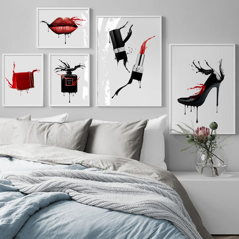 Mode-rouge-l-vres-Paris-parfum-l-vres-affiches-nordiques-et-impressions-mur-Art-toile-peinture