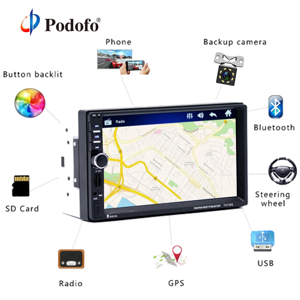 

Podofo 2din Car Stereo Multimedia Player GPS Navigaiton Camera Map 7'' HD Touch Screen Bluetooth Autoradio 7018G MP3 MP5 Player