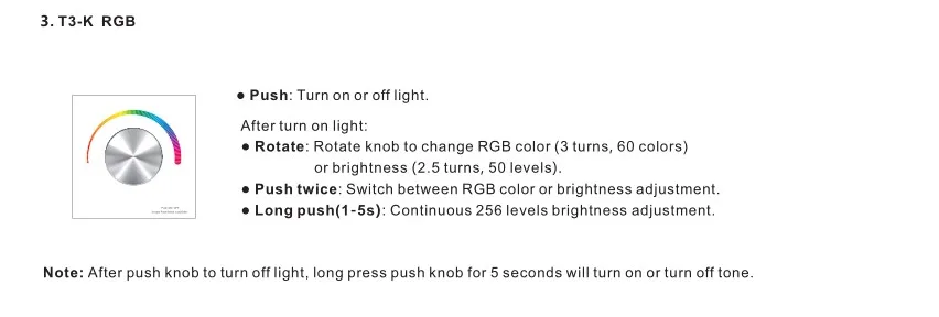 Модель #: T3-K; 3 канала/RGB цвет led ручка панели Тип контроллера; 12-24VDC вход; 4A * 3CH выход