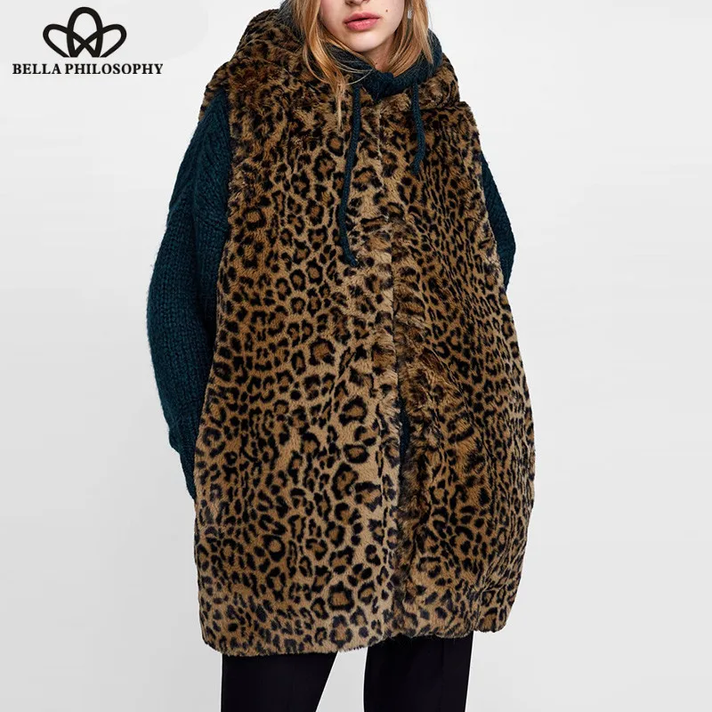 Wonder 2018 new autumn Casual Leopard Vests Vintage Faux fur Female Hooded Warm Vests Lady Single Breasted Sleeveless Outwears